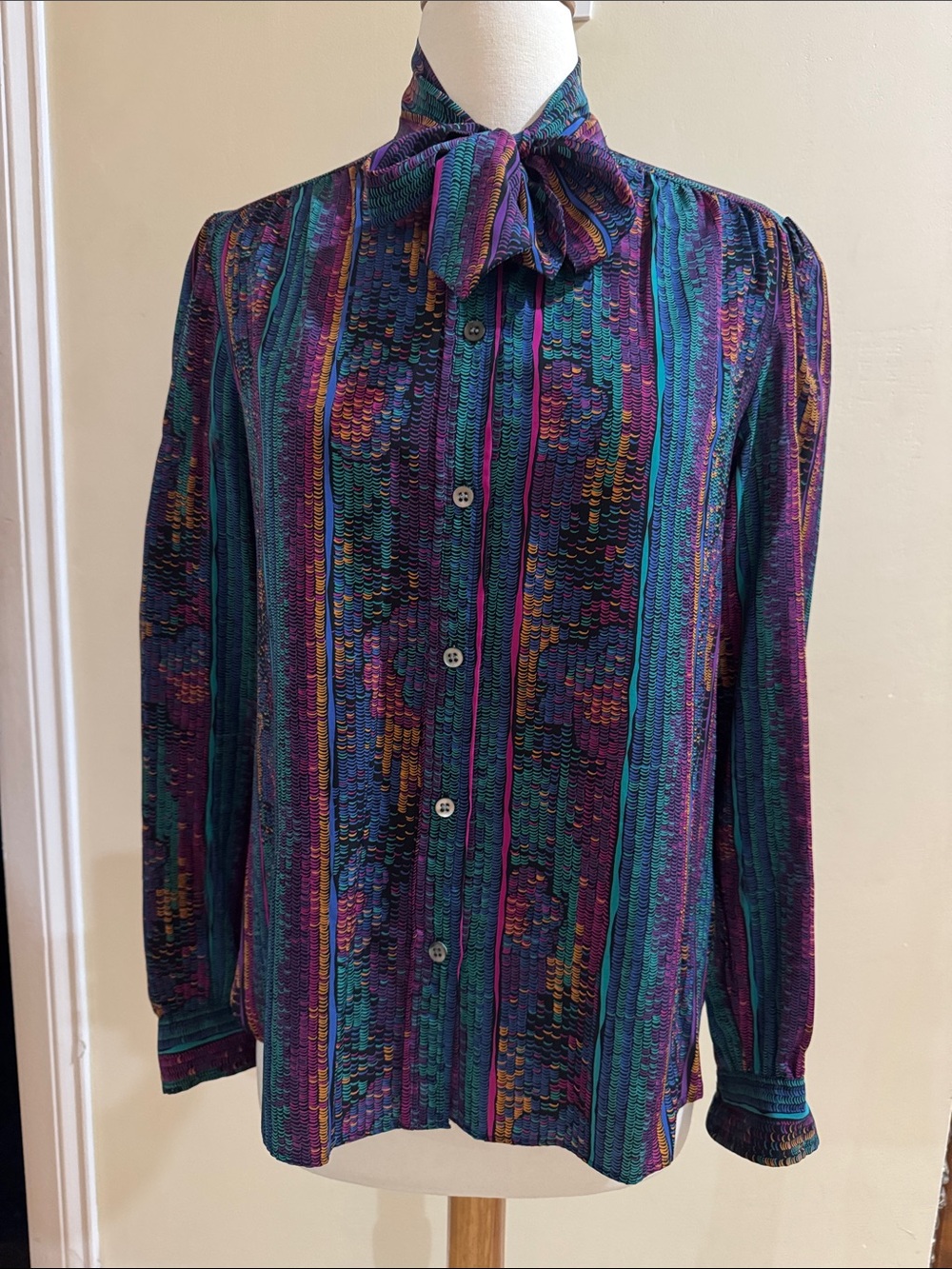 Evan Picone Purple Teal Striped Bow Neck Blouse